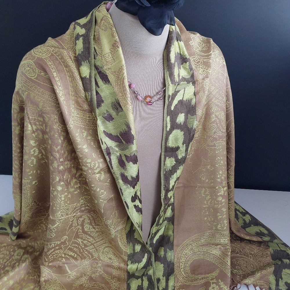 Olive Green Gold Paisley Pashmina Shawl Silk Feel Jacquard Scarf Evening Wrap - Picture 8 of 8